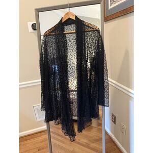 Black Beaded Mesh Cardigan Kimono Duster Sheer Sparkle